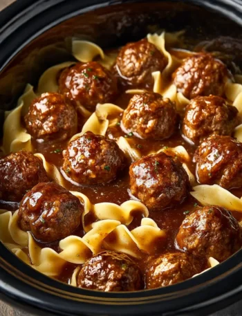 Amish meatball noodles served in a bowl