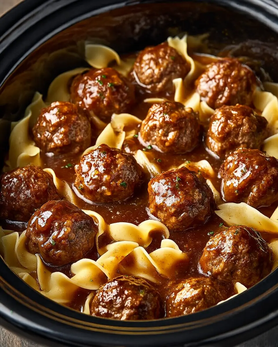 Amish meatball noodles served in a bowl