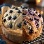 Blueberry Cream Cheese Loaf sliced on a plate