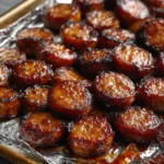 Candied kielbasa bites coated in a sticky caramelized glaze on a serving platter.