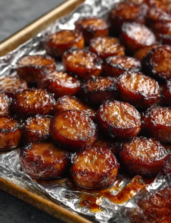 Candied kielbasa bites coated in a sticky caramelized glaze on a serving platter.