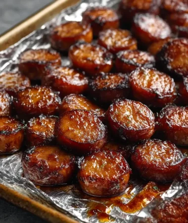 Candied kielbasa bites coated in a sticky caramelized glaze on a serving platter.