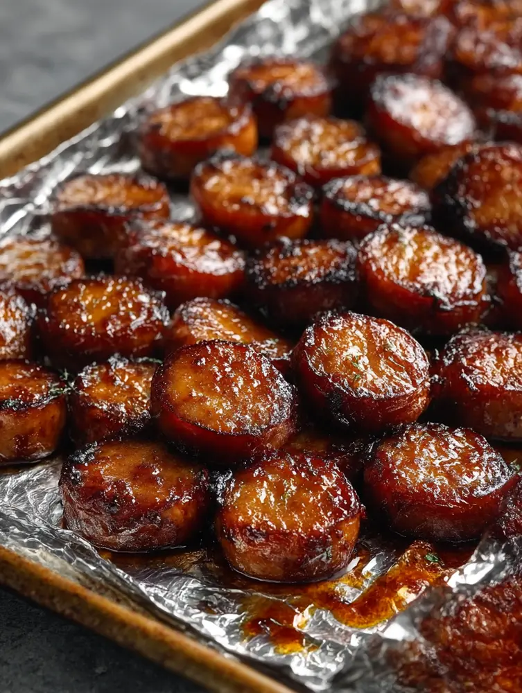 Candied kielbasa bites coated in a sticky caramelized glaze on a serving platter.