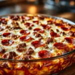 Meat Lovers Pizza Casserole baked with melted cheese