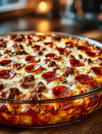 Meat Lovers Pizza Casserole baked with melted cheese