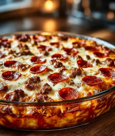 Meat Lovers Pizza Casserole baked with melted cheese
