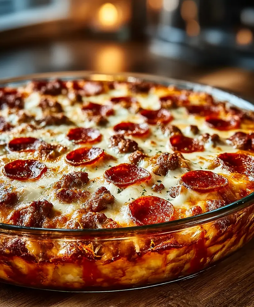 Meat Lovers Pizza Casserole baked with melted cheese