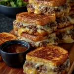 Patty melts stacked on a wooden board with melted cheese and toasted bread, served with a small bowl of dipping sauce.