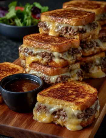 Patty melts stacked on a wooden board with melted cheese and toasted bread, served with a small bowl of dipping sauce.