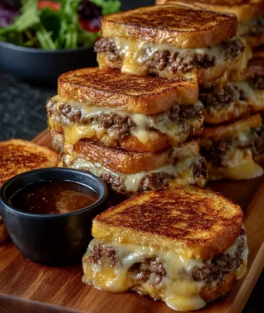Patty melts stacked on a wooden board with melted cheese and toasted bread, served with a small bowl of dipping sauce.