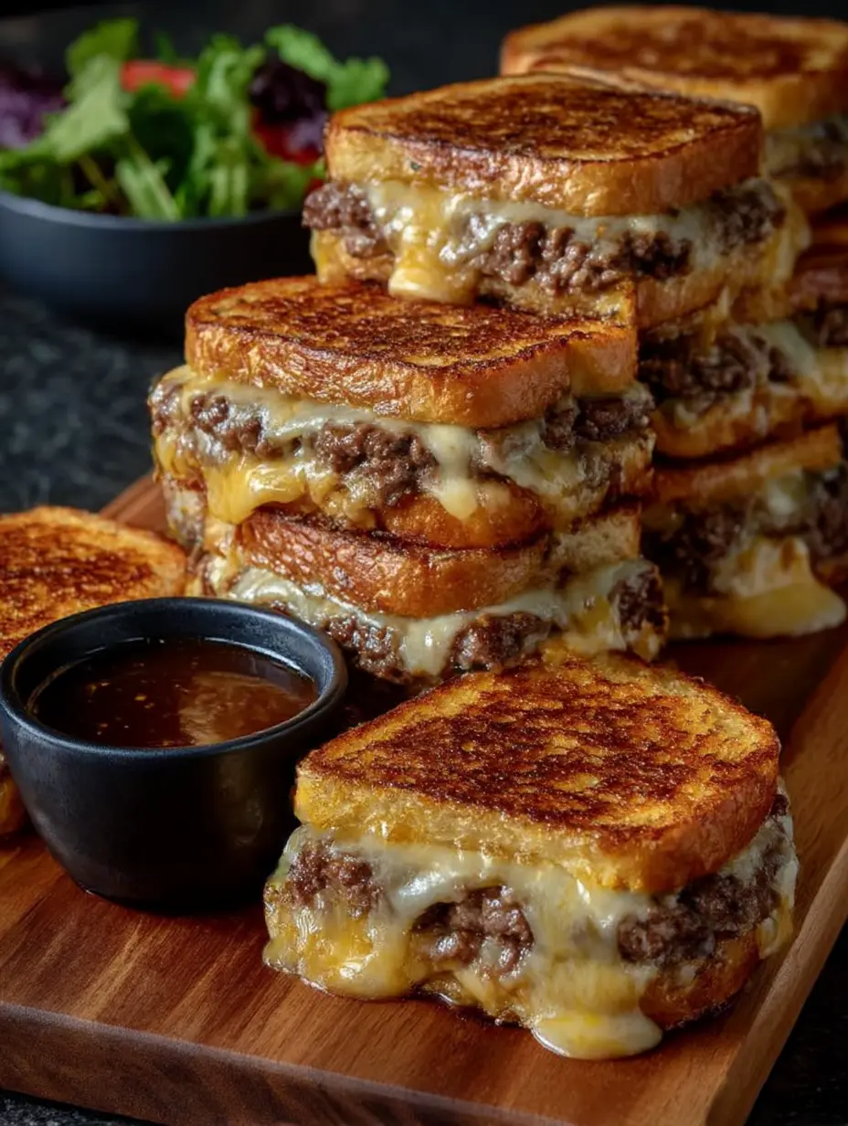 Patty melts stacked on a wooden board with melted cheese and toasted bread, served with a small bowl of dipping sauce.