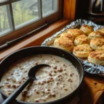 Sausage gravy served over warm biscuits