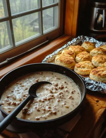 Sausage gravy served over warm biscuits
