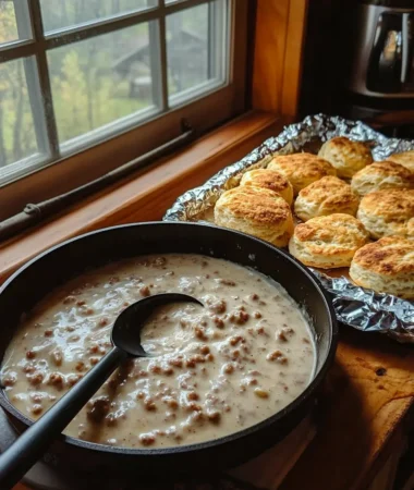 Sausage gravy served over warm biscuits