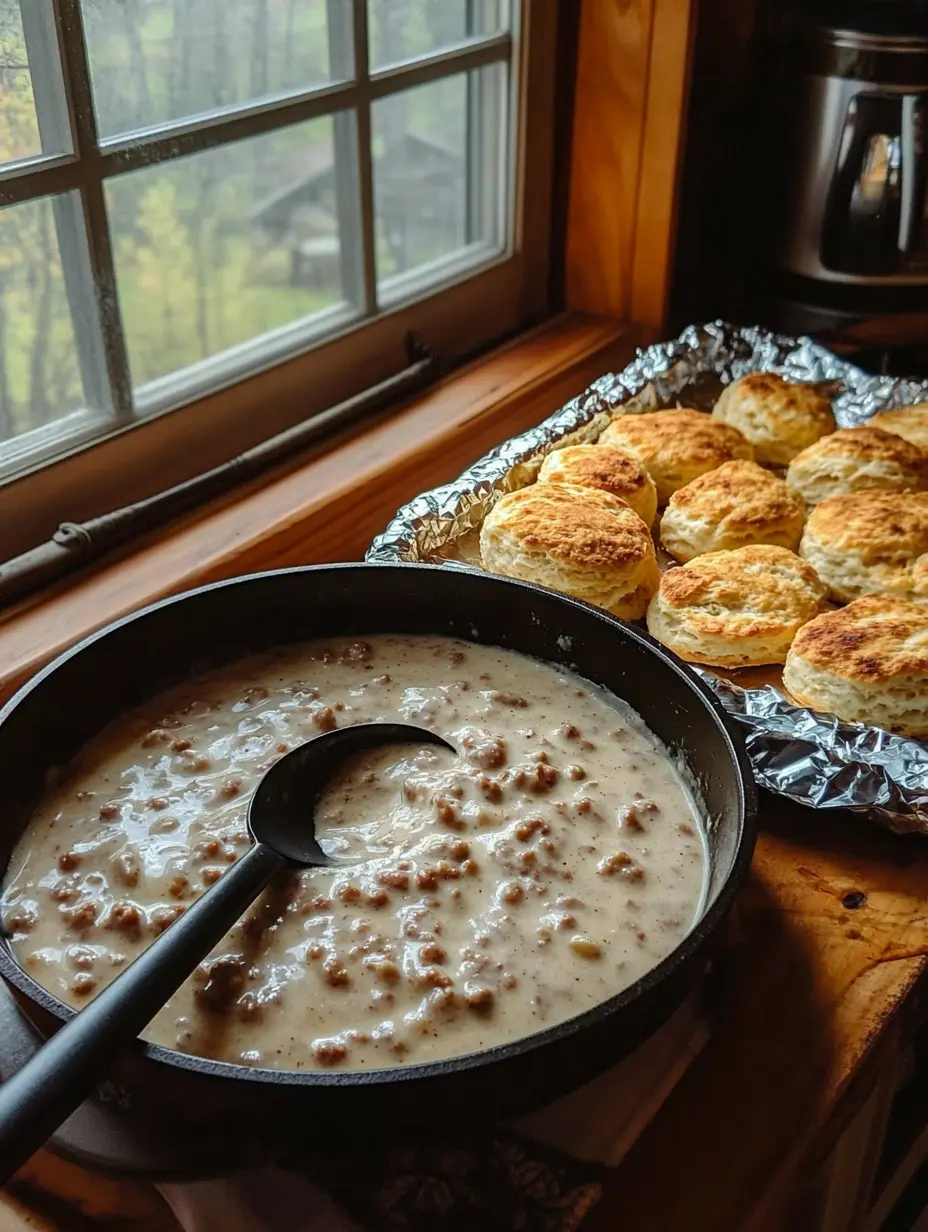 Sausage gravy served over warm biscuits