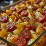 Smoked sausage and potato bake in baking dish