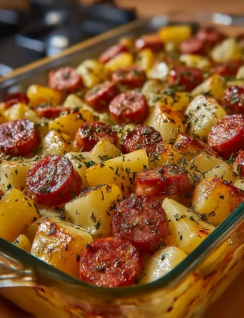 Smoked sausage and potato bake in baking dish