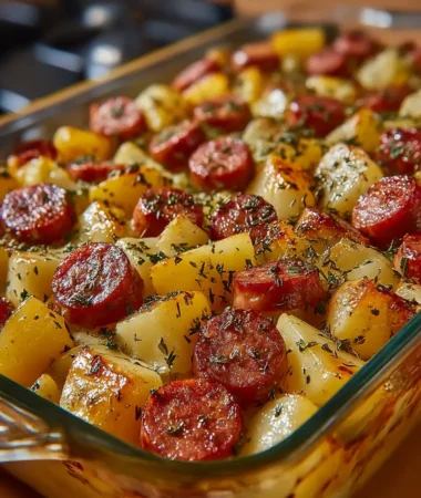 Smoked sausage and potato bake in baking dish