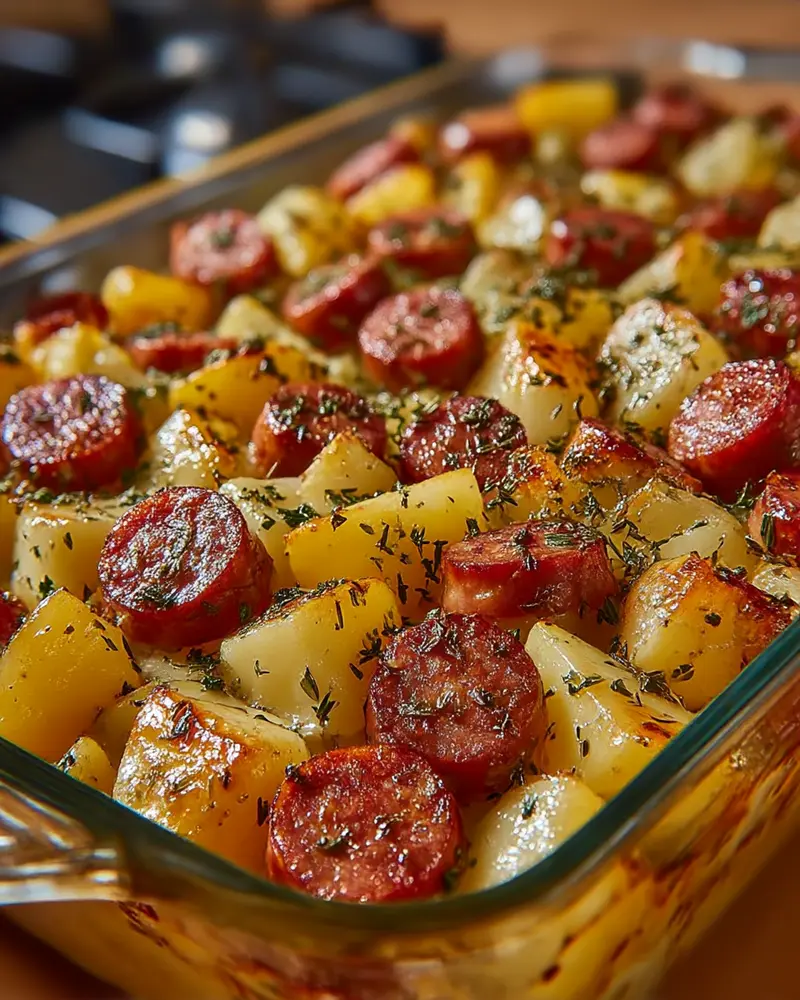 Smoked sausage and potato bake in baking dish
