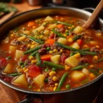Vegetable Beef Soup in a bowl with carrots and potatoes