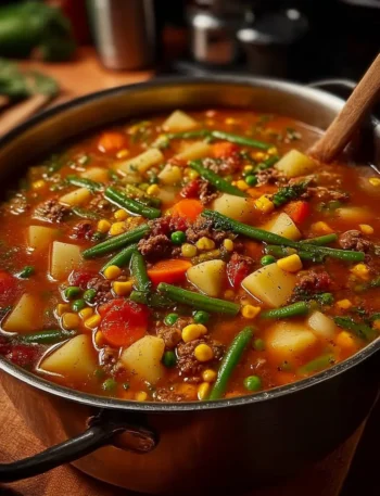 Vegetable Beef Soup in a bowl with carrots and potatoes