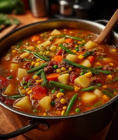 Vegetable Beef Soup in a bowl with carrots and potatoes