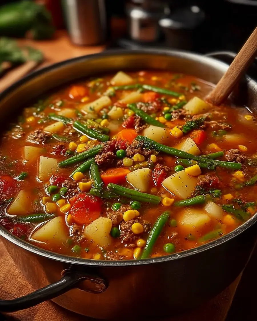 Vegetable Beef Soup in a bowl with carrots and potatoes