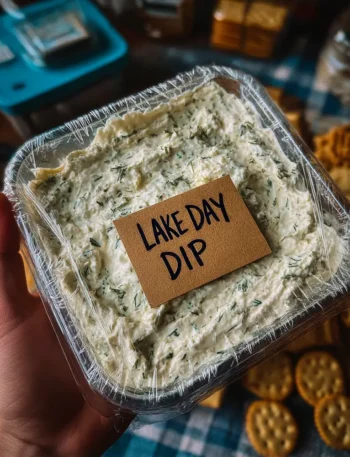 A creamy bowl of Lake Day Dip made with sour cream, ranch seasoning, green chiles, and shredded cheese, served with tortilla chips on a bright summer snack table.