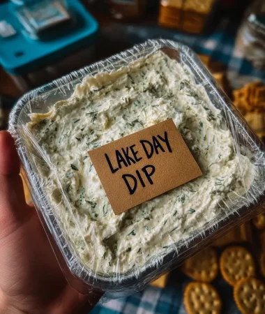 A creamy bowl of Lake Day Dip made with sour cream, ranch seasoning, green chiles, and shredded cheese, served with tortilla chips on a bright summer snack table.