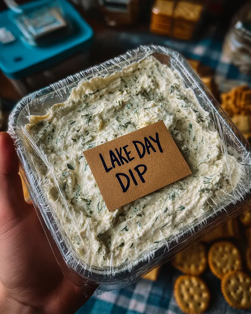 A creamy bowl of Lake Day Dip made with sour cream, ranch seasoning, green chiles, and shredded cheese, served with tortilla chips on a bright summer snack table.