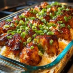 Teriyaki Chicken Casserole baked with chicken, rice, broccoli, carrots, and red bell pepper