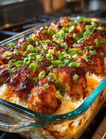 Teriyaki Chicken Casserole baked with chicken, rice, broccoli, carrots, and red bell pepper