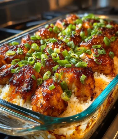 Teriyaki Chicken Casserole baked with chicken, rice, broccoli, carrots, and red bell pepper