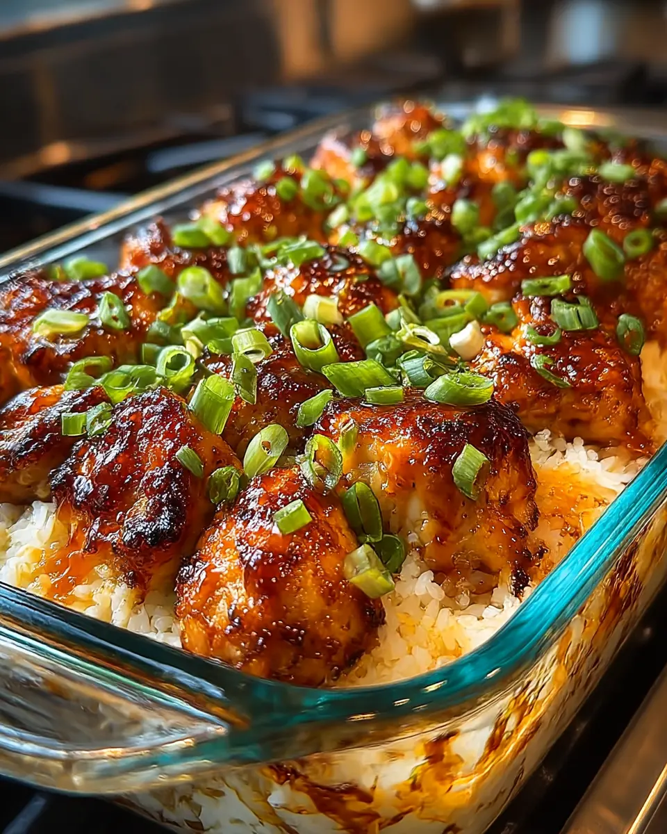 Teriyaki Chicken Casserole baked with chicken, rice, broccoli, carrots, and red bell pepper