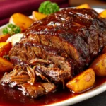 Tender slow cooker three envelope roast served with carrots, potatoes, and rich gravy.