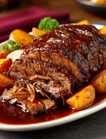 Tender slow cooker three envelope roast served with carrots, potatoes, and rich gravy.