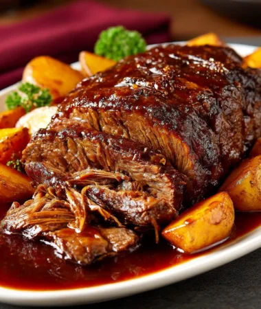 Tender slow cooker three envelope roast served with carrots, potatoes, and rich gravy.