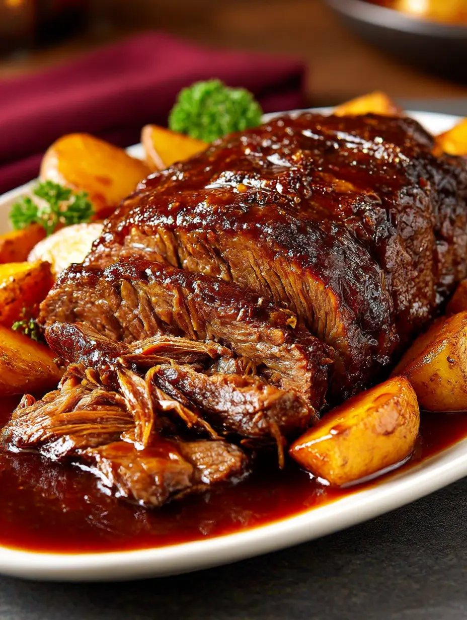 Tender slow cooker three envelope roast served with carrots, potatoes, and rich gravy.