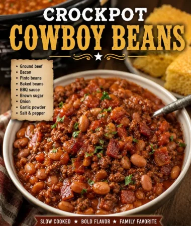 Close-up of hearty crockpot cowboy beans made with ground beef, bacon, pinto beans, and baked beans in a rich BBQ sauce, served in a rustic bowl with cornbread on the side.