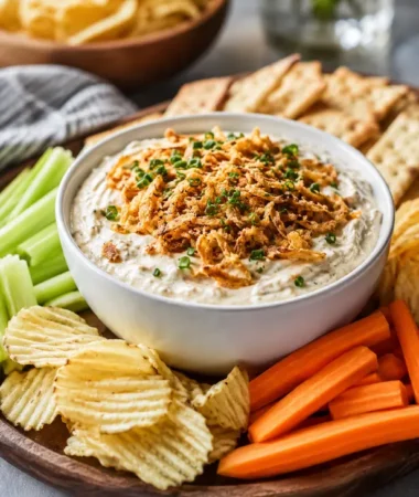 Classic 3-Ingredient French Onion Dip with chips and vegetables
