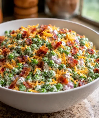 Creamy Bacon Pea Salad topped with crispy bacon and cheddar cheese in a white serving bowl.
